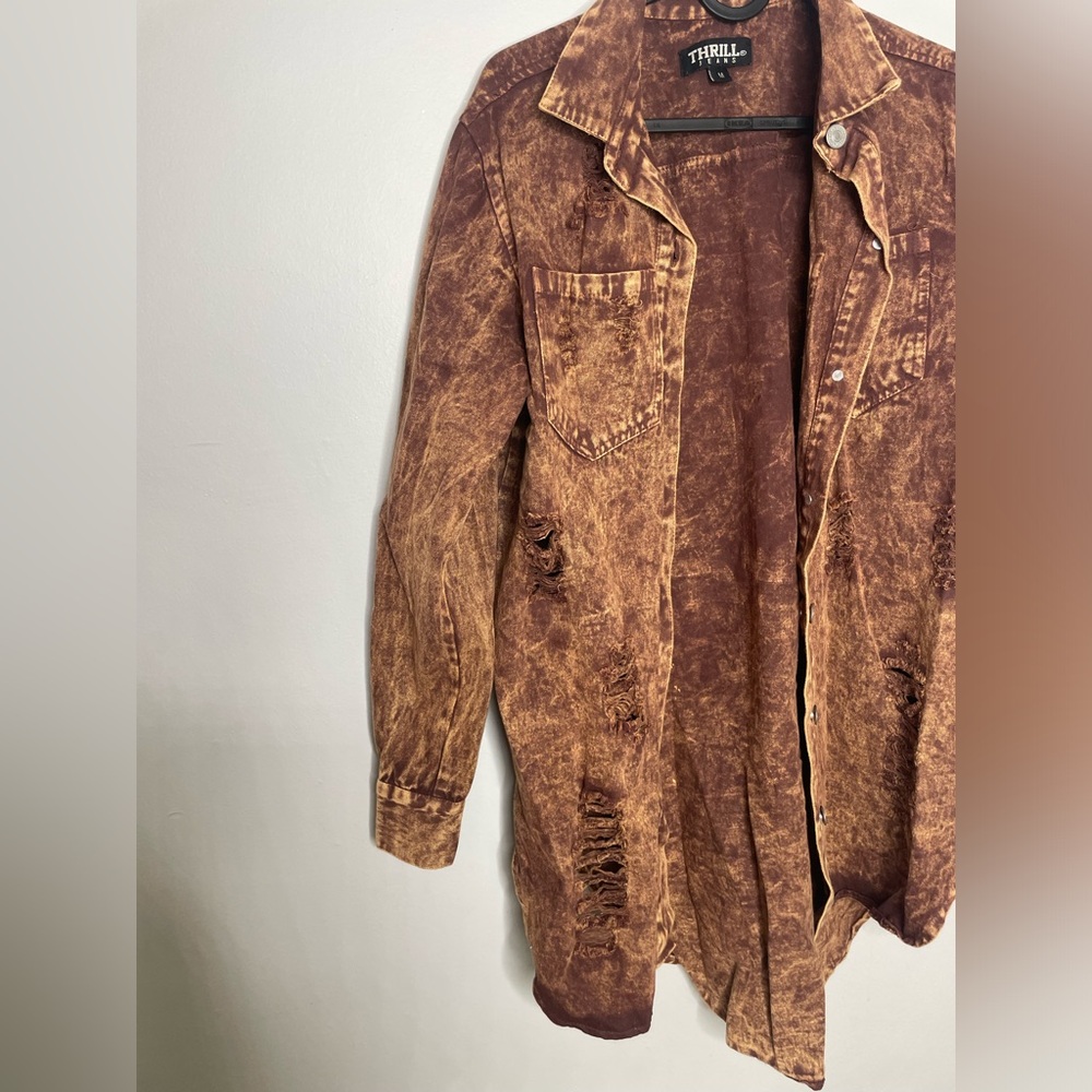 Medium Thrill Jeans Ripped Collection Brown Acid Wash Denim Duster Jacket